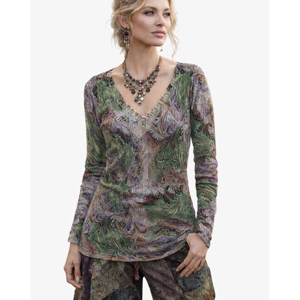 Vintage Elegantissimo Firenze 100% Cashmere Pullover V-neck Abstract Print sz L